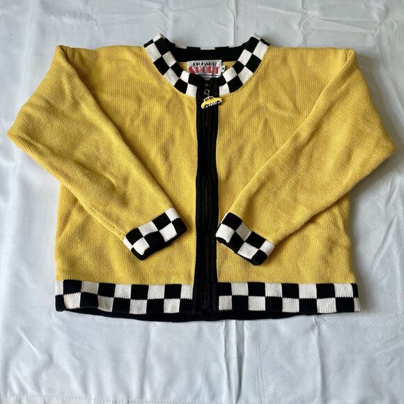 Vintage 80s Richard Sport Cardigan Sweater M Colorblock Checkered Taxi Mod Retro - Picture 1 of 10